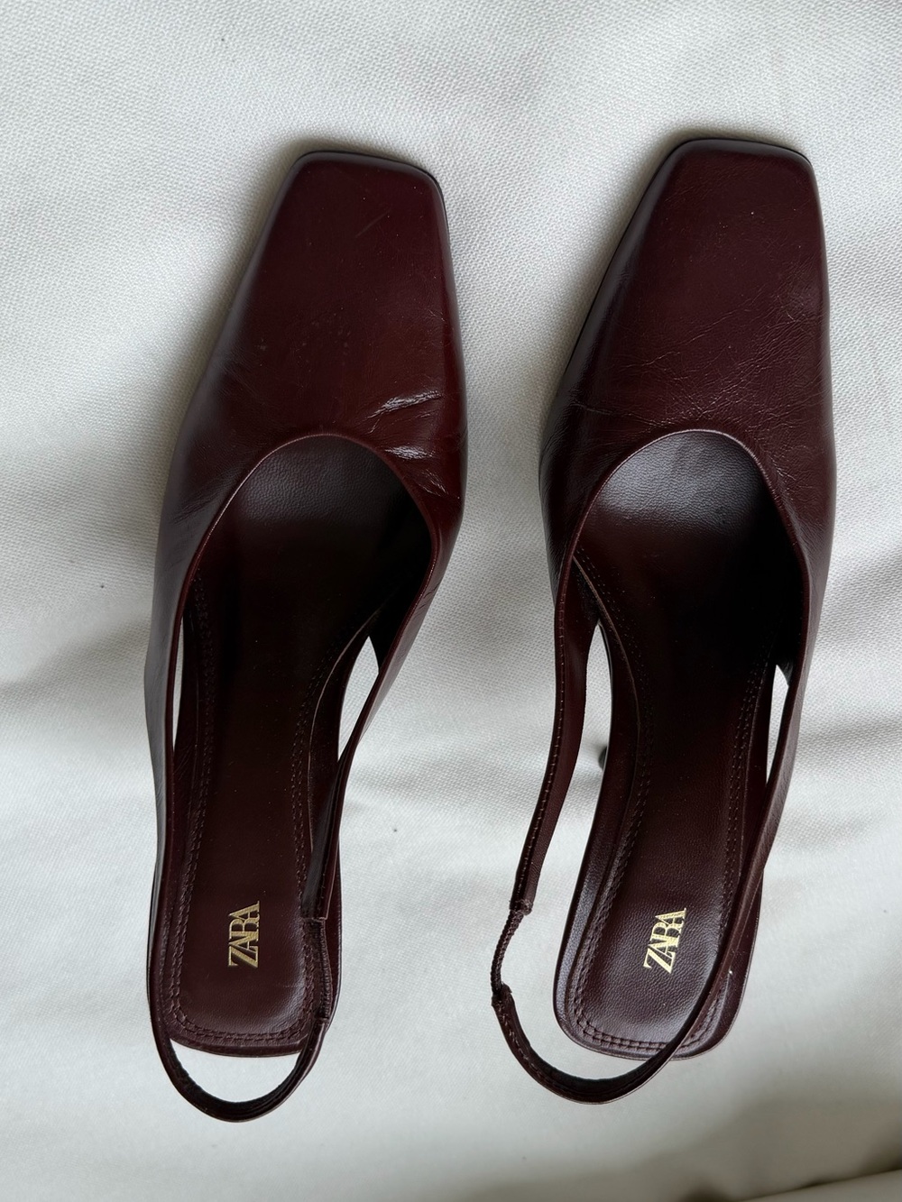 Zara Burgundy Leather Square-Toe Slingback Heels